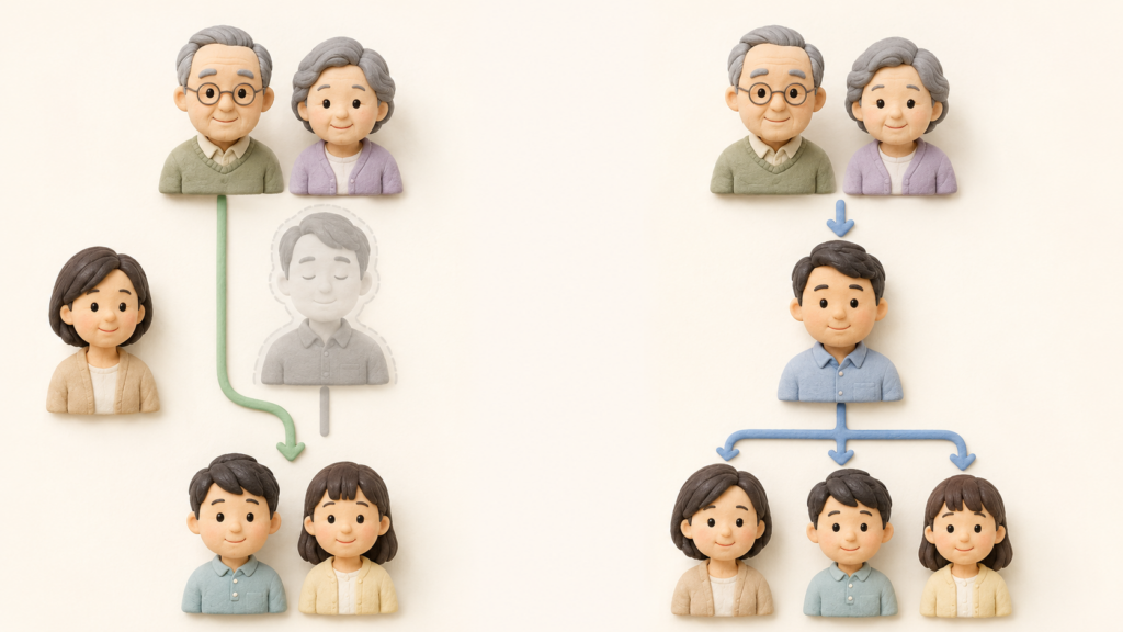 代襲相続と数次相続の違いを、義両親・夫・妻・子どもの相続関係で比較した図