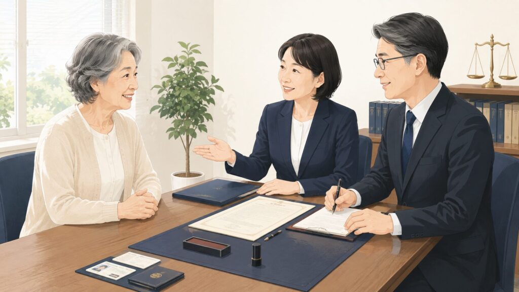 公証役場の相談室で、行政書士と公証人の説明を受けながら公正証書遺言を作成する高齢女性