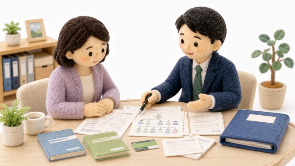 相続人が行政書士へ相続財産調査について相談し、戸籍や通帳、相続関係図、財産資料を確認している様子