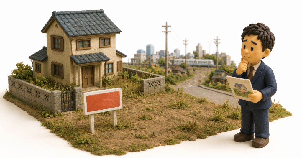 郊外の一軒家と土地を売りに出しているものの買い手が現れず、不動産会社の担当者が査定資料を見ながら検討しているイラスト