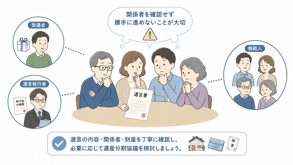遺言書の内容を家族で確認し、受遺者・遺言執行者・相続人などの関係者を確認してから相続手続きを進める必要があることを示した図