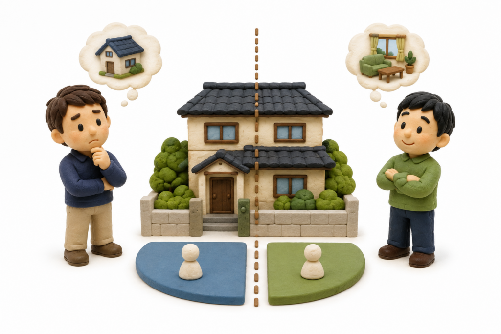 兄弟2人が実家を共有し、一方は売却、もう一方は維持を希望している状況を表すイラスト