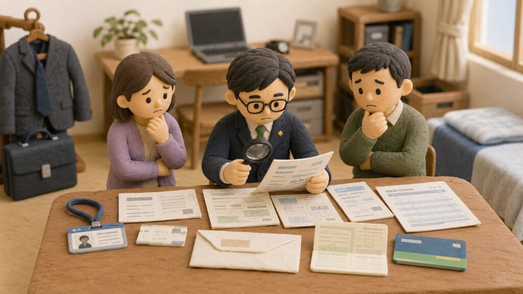 亡くなった独身男性の勤務先を確認するため、家族と行政書士が社員証や給与明細などの書類を調べているイラスト