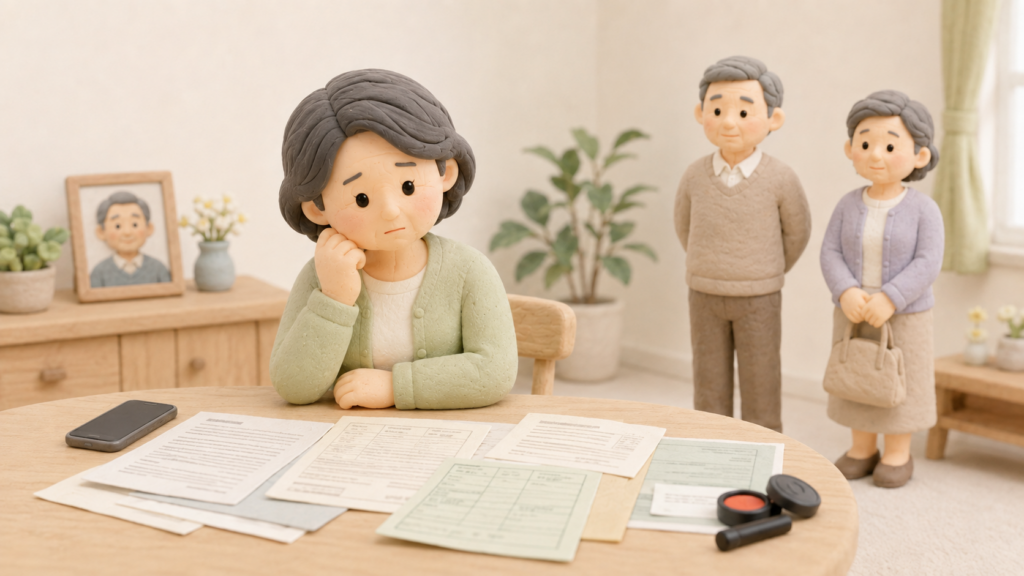 夫を亡くした妻が相続書類を前に、疎遠な夫の兄弟姉妹への連絡に戸惑う場面を表したクレイアート