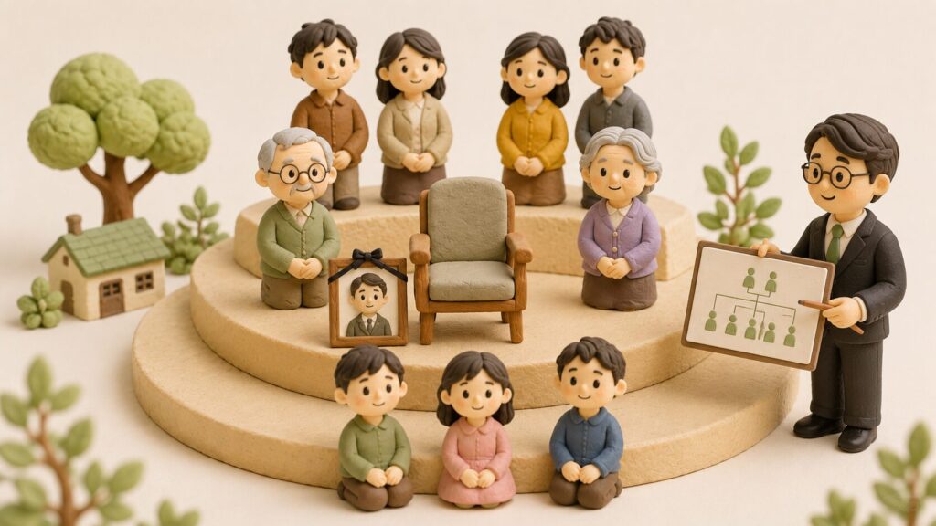 独身男性が亡くなった場合の相続順位を、子・父母・兄弟姉妹の順に表した粘土細工風イラスト