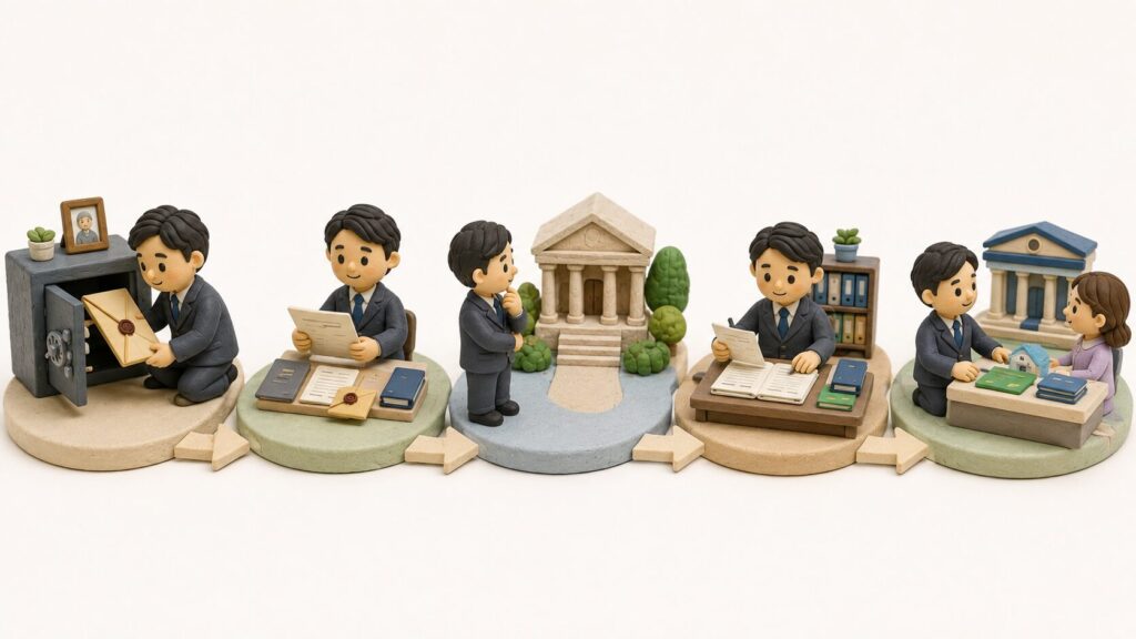 遺言書が見つかった後に、種類の確認、家庭裁判所での手続き、遺言執行、財産手続きを進める流れを表した粘土細工風イラスト