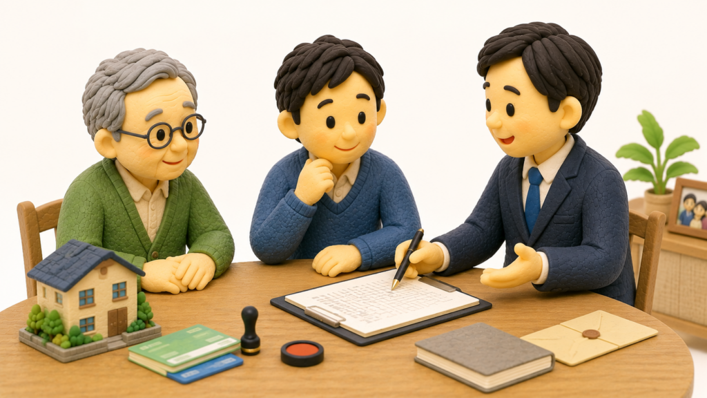高齢の親と成人した子どもが、行政書士をイメージする専門家と一緒に贈与契約書の内容を確認しているクレイ人形風イラスト。