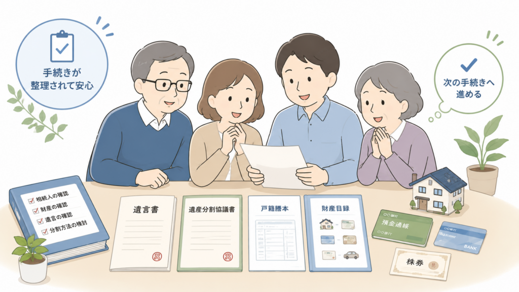 遺言書、遺産分割協議書、戸籍、財産資料を家族で確認し、相続手続きが整理されて次の手続きへ進む様子