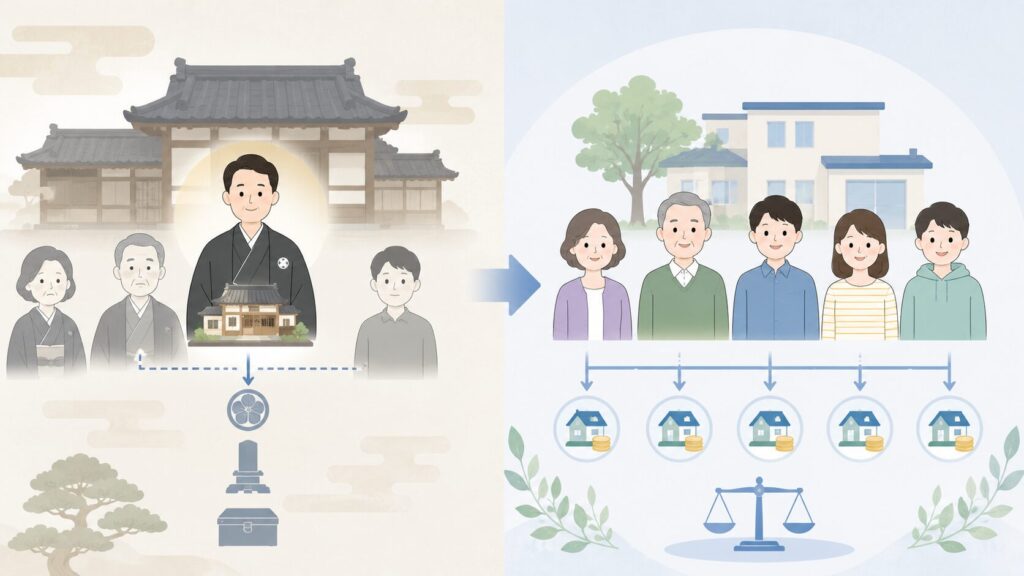 旧来の家督相続と、子どもが平等に相続する現在の法定相続を比較した図解