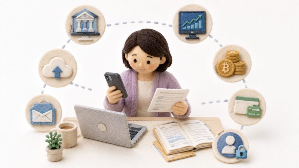 相続人がスマートフォンやノートパソコンを確認し、ネット銀行、ネット証券、暗号資産、電子マネーなどのデジタル遺産を調査している様子