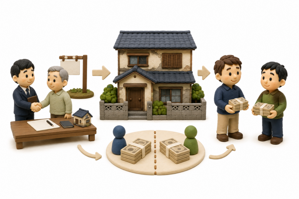 相続した実家を売却し、兄弟2人で売却代金を分ける換価分割を表すイラスト