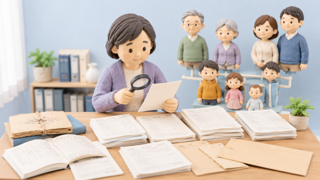 相続のために複数の戸籍を確認し家族関係を整理している粘土細工風イラスト