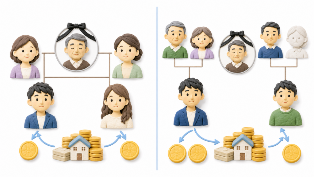 異母兄妹が父の子として相続する場合は同じ相続分、兄弟姉妹として相続する場合は全血兄弟と半血兄弟で2対1になる違いを示すイラスト