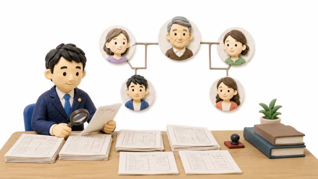 再婚家庭の相続で行政書士が戸籍をたどり、前妻との子や後妻との子を含む相続人を確認しているイラスト