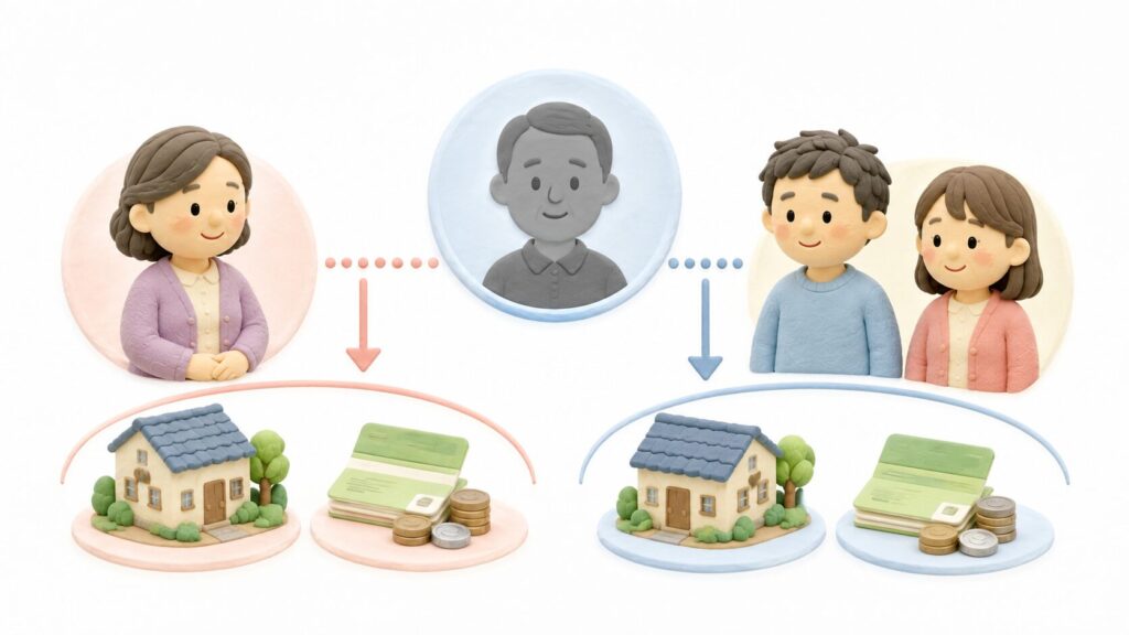 亡くなった父の財産を、妻が2分の1、2人の子どもが残りを分ける法定相続分のイラスト