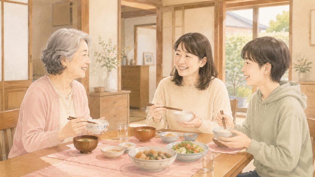 古い一戸建ての食卓で、長年親しく付き合ってきた高齢女性と年下の女性、その子どもが穏やかに食事をする様子