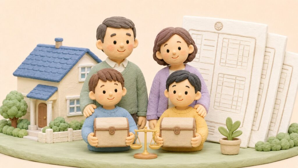 養子と実子が同じ大きさの財産箱を受け取り、同じ相続分であることを表したクレイアート風イラスト
