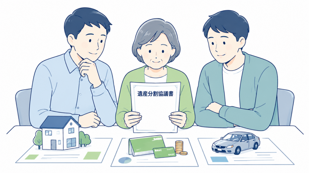 母親と長男・次男の相続人3人が、遺産分割協議書と不動産・預貯金・自動車の資料を確認している様子