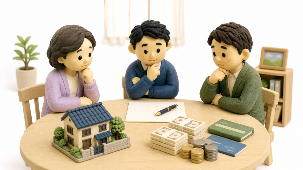 自宅3,000万円と預貯金1,000万円の相続財産について、妻・長男・次男が分け方を話し合っている様子を示したイラスト