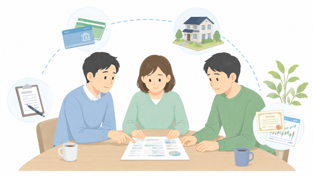 相続人全員で預貯金や不動産などの財産情報を共有して確認するイラスト