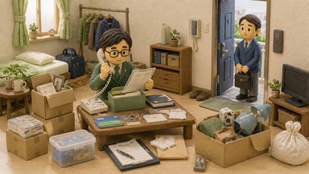 一人暮らしの独身男性が亡くなった後、賃貸住宅の書類や家財を保全しながら管理会社へ連絡する場面のイラスト