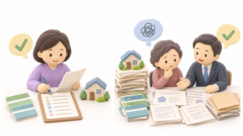 相続財産目録を自分で作成する相続人と、多数の財産資料を行政書士と整理する相続人を対比した粘土細工風イラスト