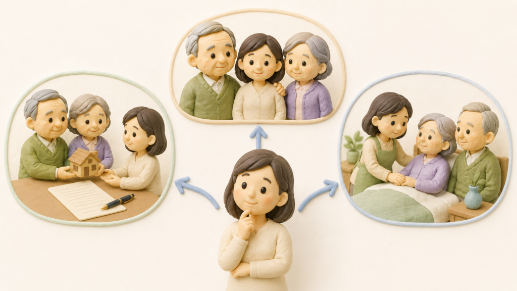 妻が義両親の財産を受け取る方法として遺贈・養子縁組・特別寄与料を示した図