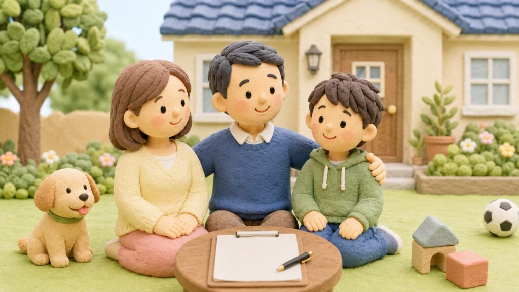 再婚家庭の母親・再婚相手・連れ子と、未記入の養子縁組書類を表したクレイアート風イラスト