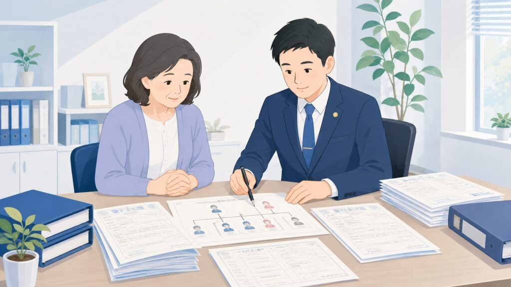 行政書士が戸籍謄本と家系図を確認し、妻に夫と前妻との子を含む相続人関係を説明している場面