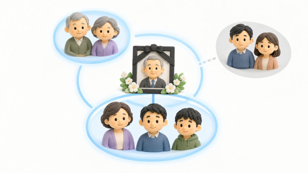 遺留分の対象となる配偶者・子・父母と、対象とならない兄弟姉妹の違いを家族関係で示した図解