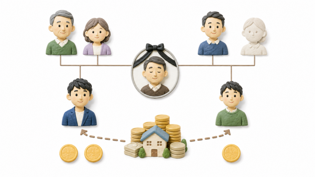 父母の両方が同じ兄弟と父だけが同じ異母兄弟の法定相続分が2対1になることを示すイラスト