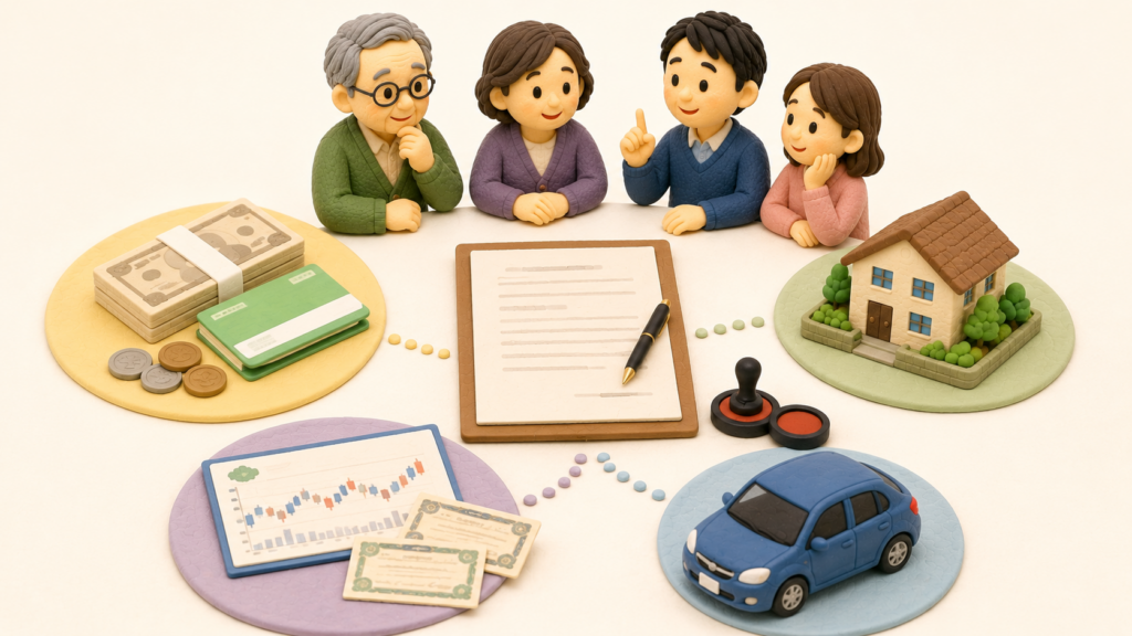 生前贈与の対象となる現金・預貯金、不動産、株式、自動車と贈与契約書をまとめたクレイ人形風イラスト。