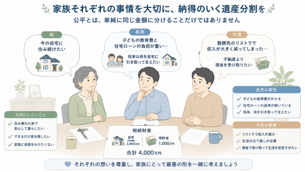 母・長男・次男が、自宅や預貯金の遺産分割について、それぞれの生活事情や希望を踏まえて話し合っているイラスト