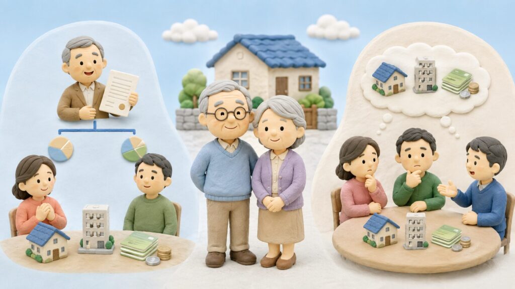 遺言がある場合とない場合の財産の分け方を比較する、粘土細工風の相続イラスト