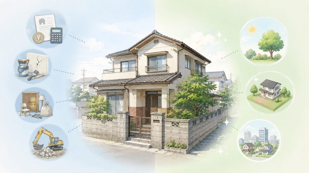 固定資産税や修繕、残置物、解体の負担と、土地・建物の資産価値を示した古い一戸建て