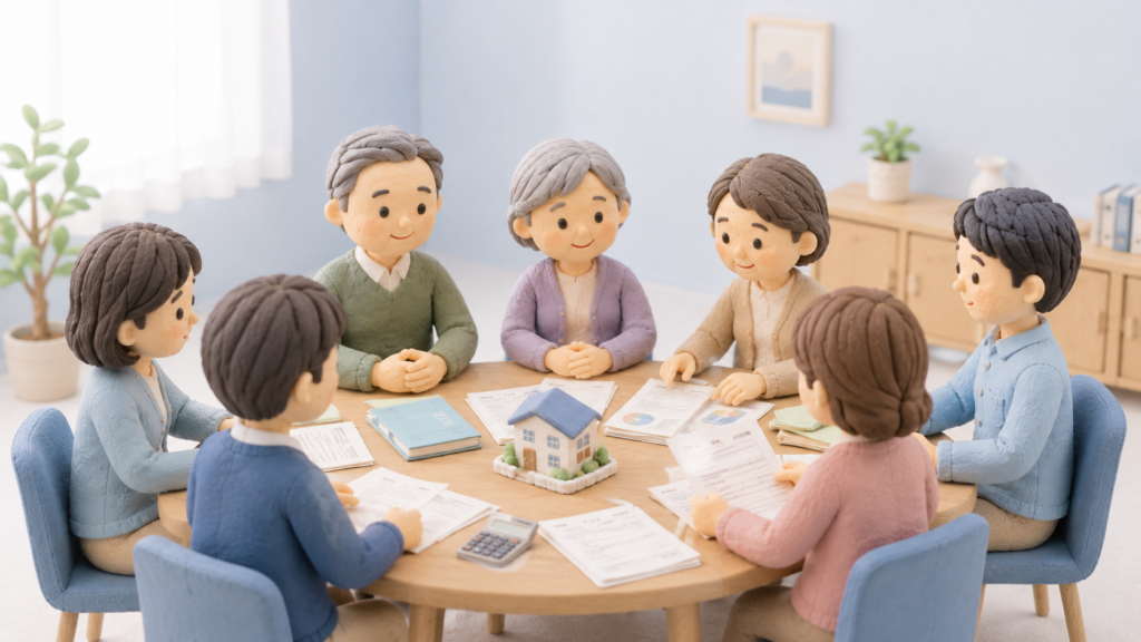 おじ・おばの相続について兄弟姉妹と甥姪が遺産分割を話し合っている粘土細工風イラスト