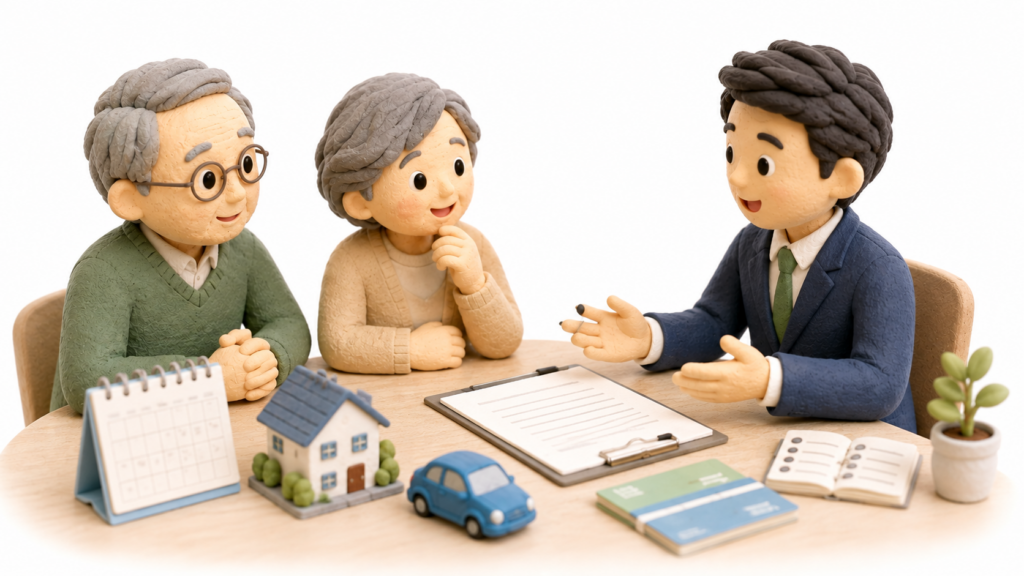 行政書士が親子から生前贈与について話を聞き、贈与契約書や手続き内容を整理しているイメージ
