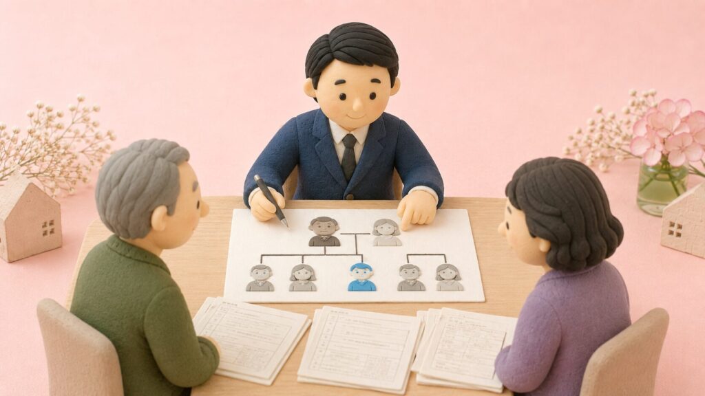 行政書士が戸籍と家系図を確認し、前妻との子どもが相続人になることを兄弟姉妹へ説明している粘土人形のイラスト