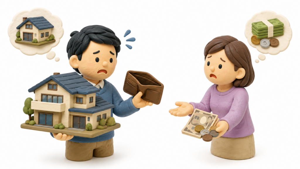 相続した不動産はあるものの現金が不足し、遺留分侵害額の支払いに困っている人を表したイラスト