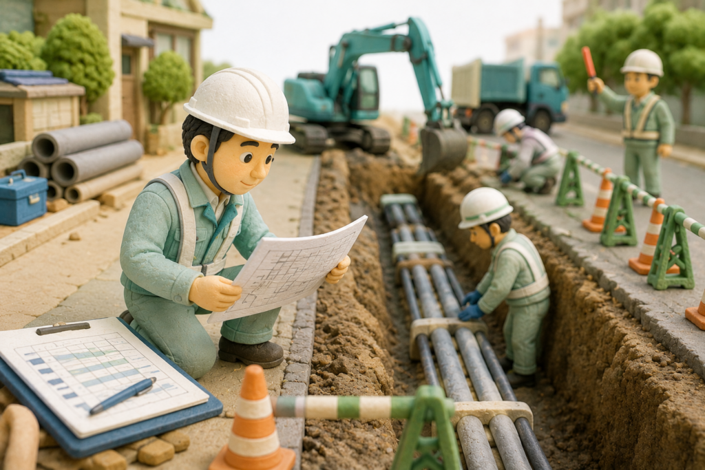 通信管路の埋設工事で図面を確認する施工管理担当者