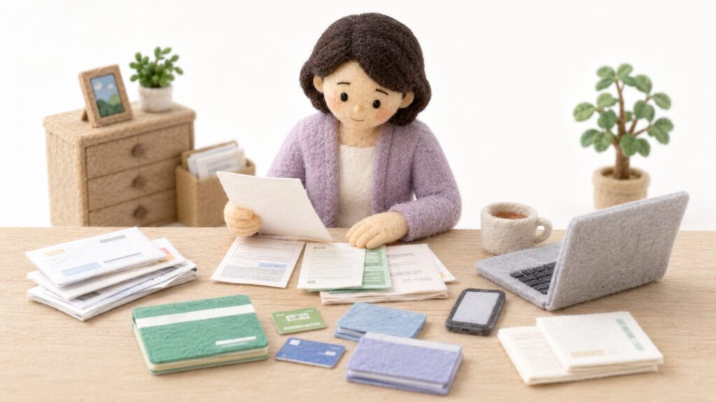 親が亡くなったあと、相続人の女性が自宅で通帳や郵便物、契約書などを確認し、相続財産の手がかりを探している様子