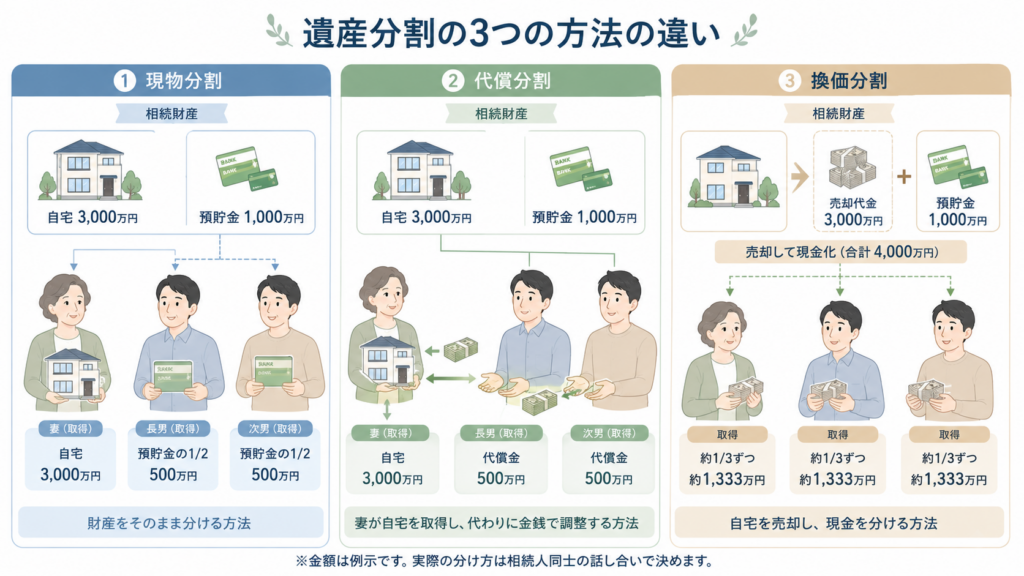 遺産分割の現物分割・代償分割・換価分割の違いを、妻・長男・次男と自宅3000万円・預貯金1000万円のモデルケースで比較したイラスト