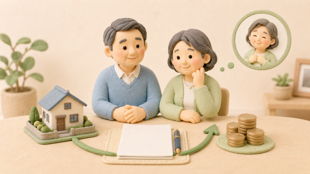 子どものいない夫婦が、配偶者に財産を残すため遺言を準備している場面を表したクレイアート