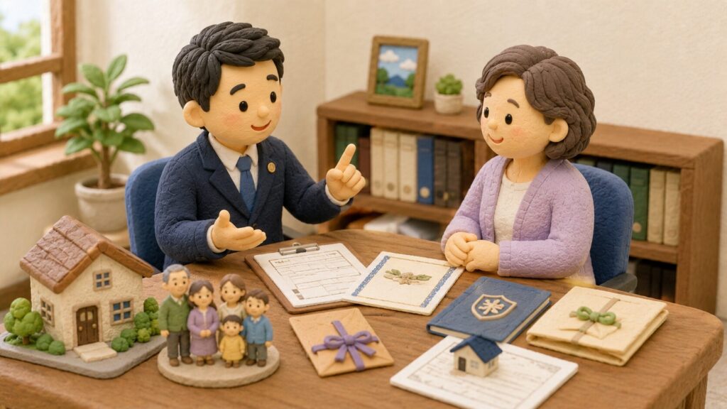 行政書士が相談者に、遺言・養子縁組・生命保険・生前贈与による相続対策を説明するクレイアート風イラスト