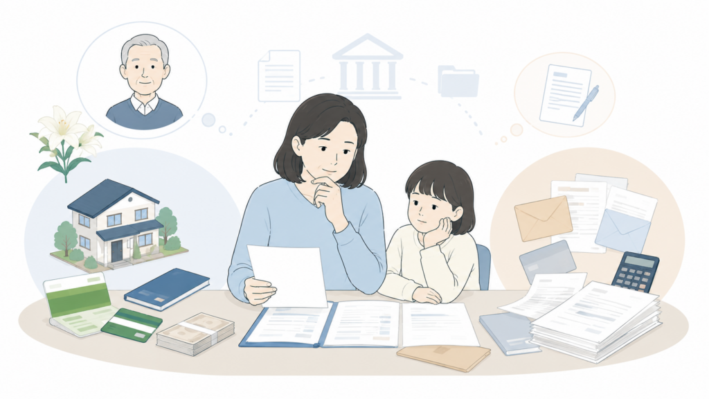 亡くなった父親の財産と借金を確認し、相続するか相続放棄するか慎重に検討する女性と子ども