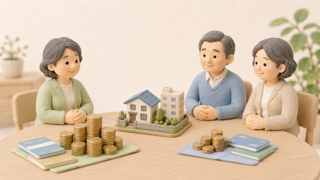 妻と夫の兄弟姉妹で相続財産を分ける場面を表したクレイアート風イラスト