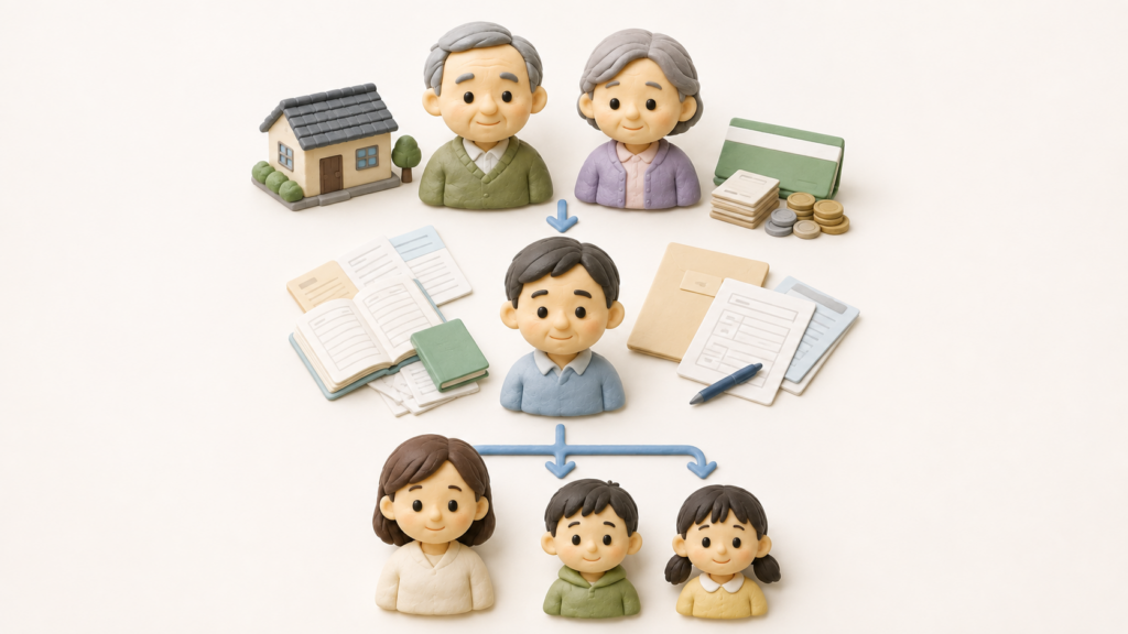 義両親の相続手続き中に夫が亡くなり妻と子どもへ数次相続する流れを示した図