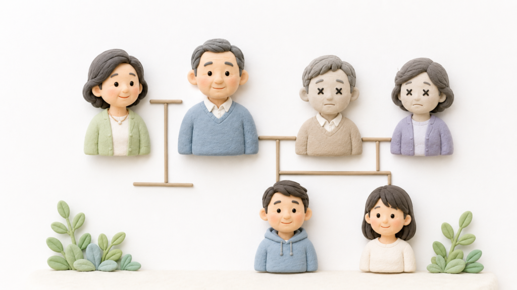 亡くなった兄弟姉妹に代わって甥・姪が相続人になる代襲相続を表した家系図風クレイアート