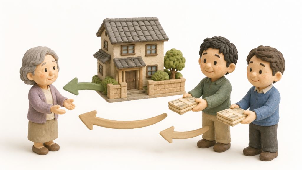妻が自宅を相続し、その代わりに長男と次男へ現金を支払う代償分割の仕組みを示したイラスト