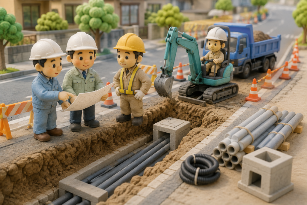 道路工事で地下通信管路を施工しながら打ち合わせをする施工管理担当者と作業員